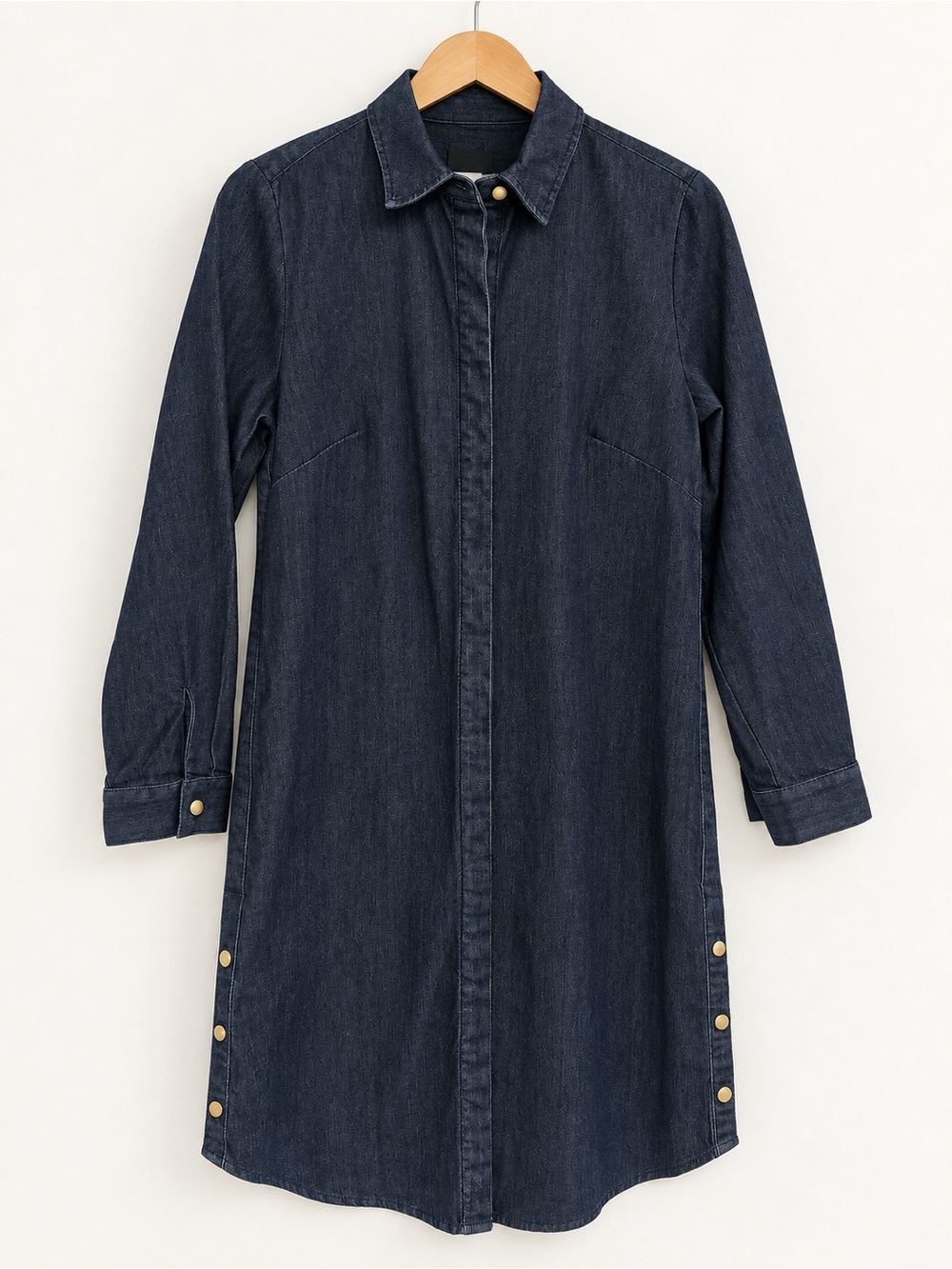 Chico's Dark Indigo Denim Shirt Dress with Gold Snap Accents